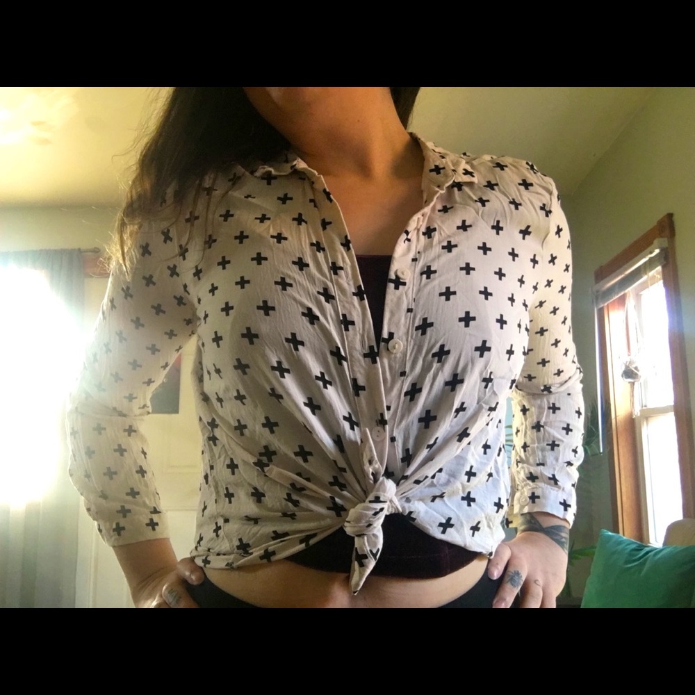 White button up with plus signs
